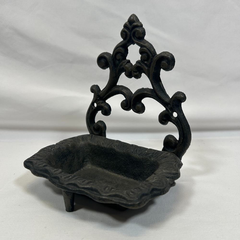 Vintage Cast Iron Soap Dish Trinket Holder Wall Hang Free Standing Black Solid